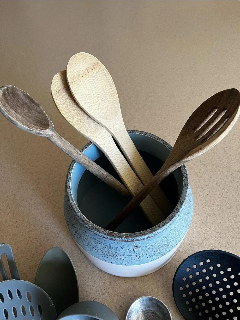 Ceramic Utensil Holder in Blue and White and Cooking and Serving Utensils